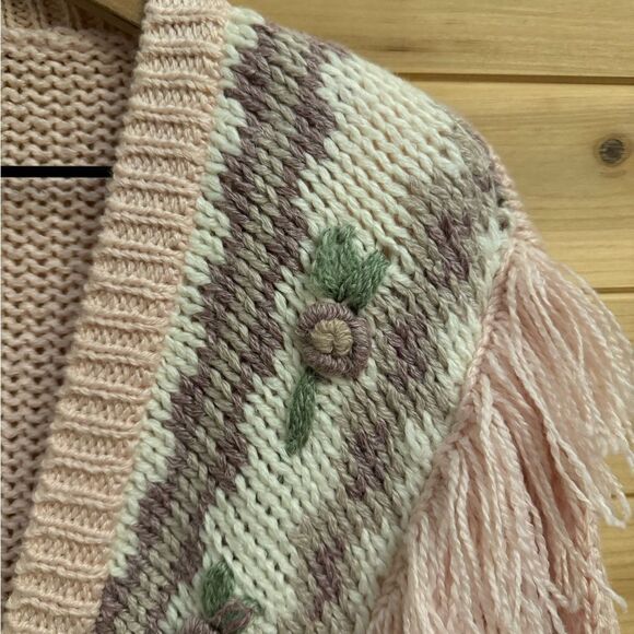 Vintage Diversity Size Large Coquette Girl Floral Fringe Baby Pink Cardigan - Picture 6 of 13